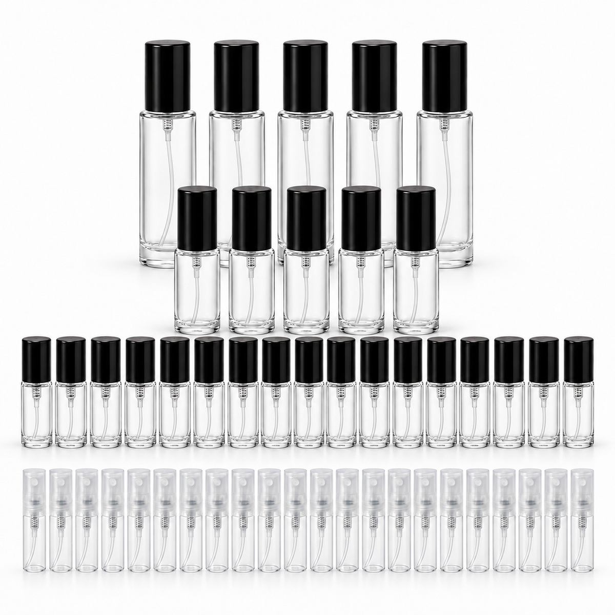 Round perfume decant bottle bundle with black caps and clear 2 ML plastic spray bottles