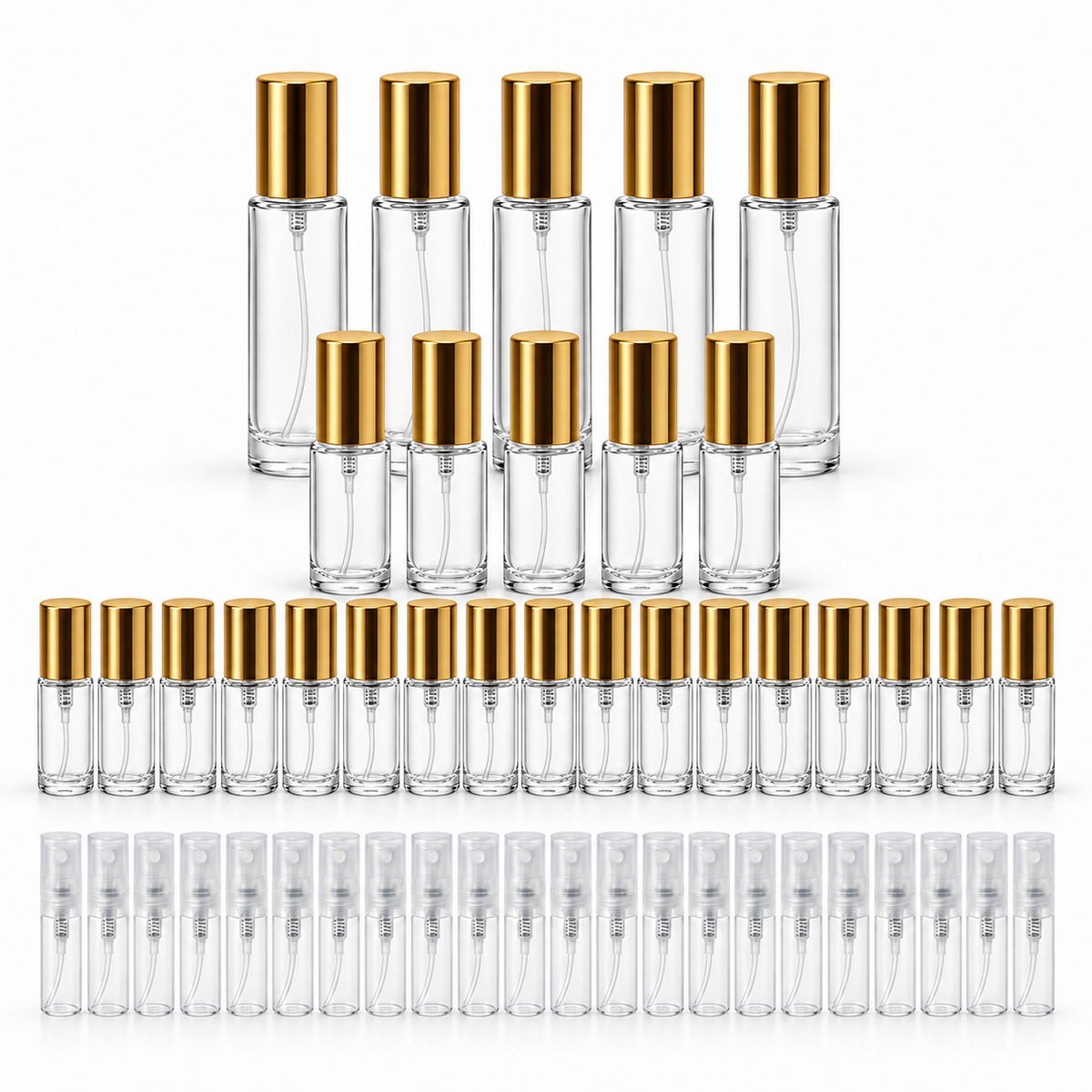 Round perfume decant bottle bundle with gold caps and clear 2 ML plastic spray bottles