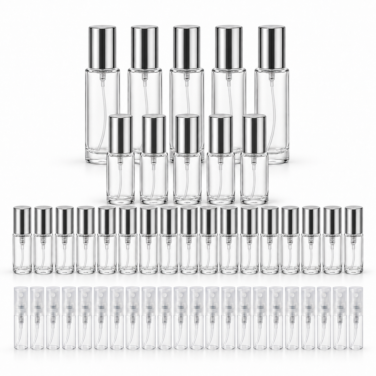 Round perfume decant bottle bundle with silver caps and clear 2 ML plastic spray bottles