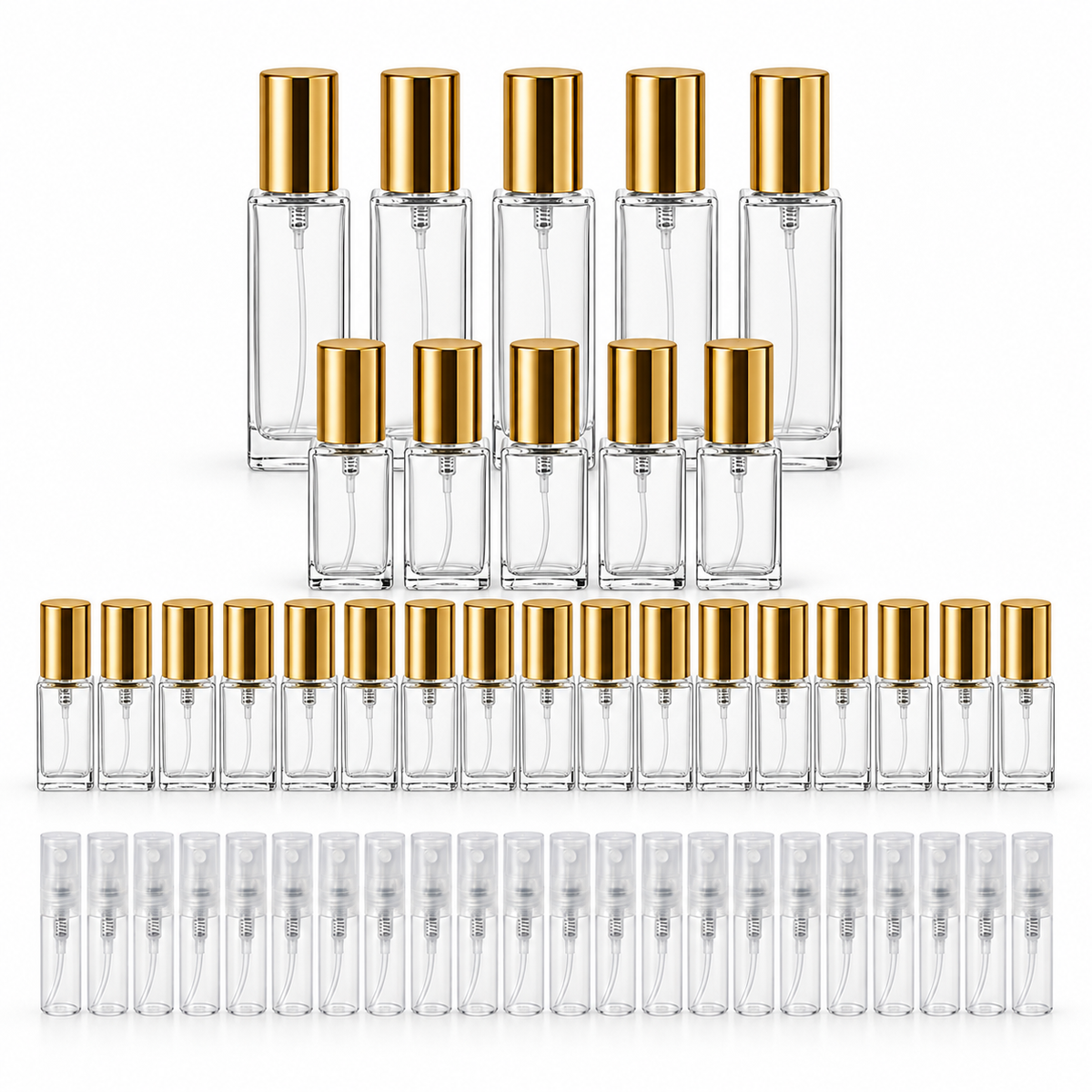 Square perfume decant bottle bundle with gold caps and clear 2 ML plastic spray bottles