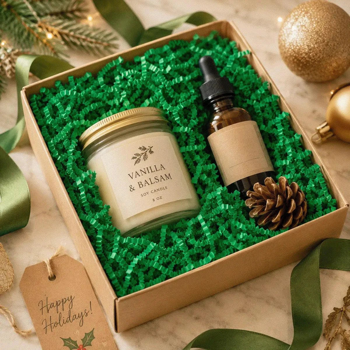 Green crinkle paper gift packaging example