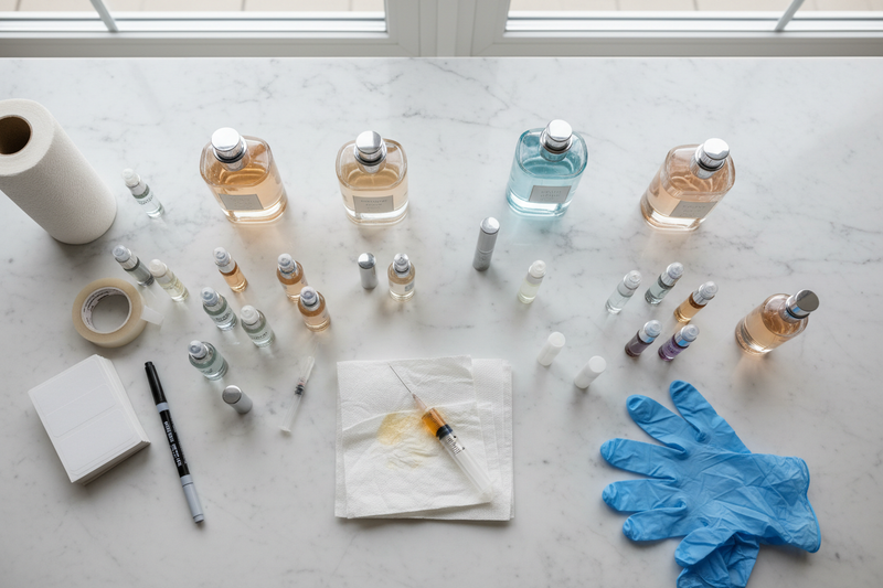 busy fragrance decanting workspace with bottles and tools