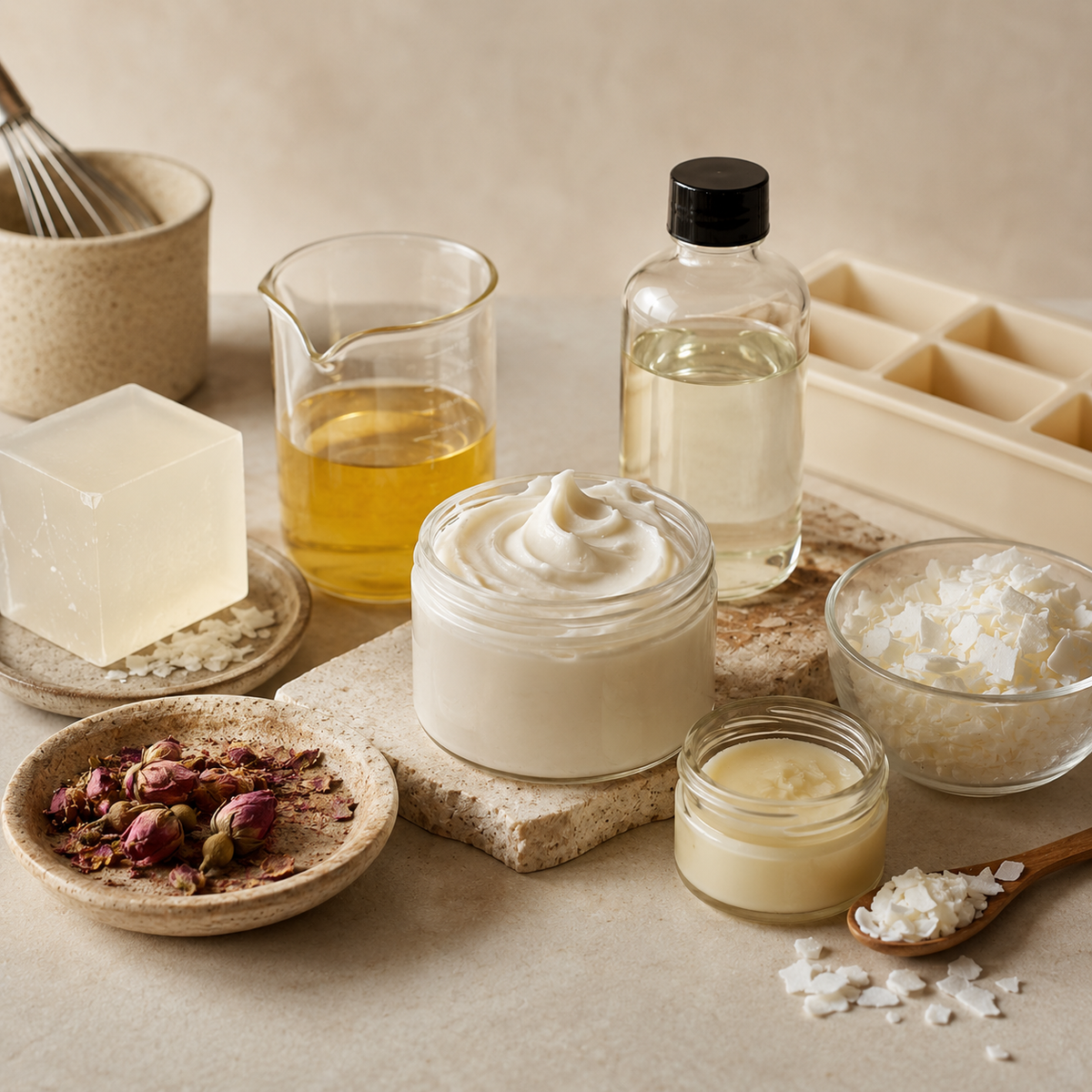 Bath and body making supplies with body butter, soap base, botanical ingredients, beaker, and mold
