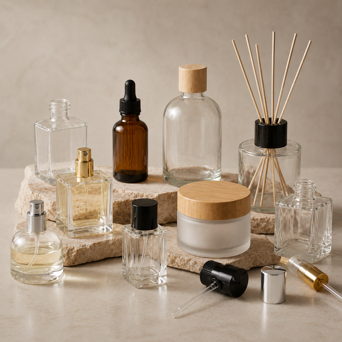 Bottles and containers including perfume spray bottles, dropper bottles, diffuser bottle, cosmetic jar, and closures