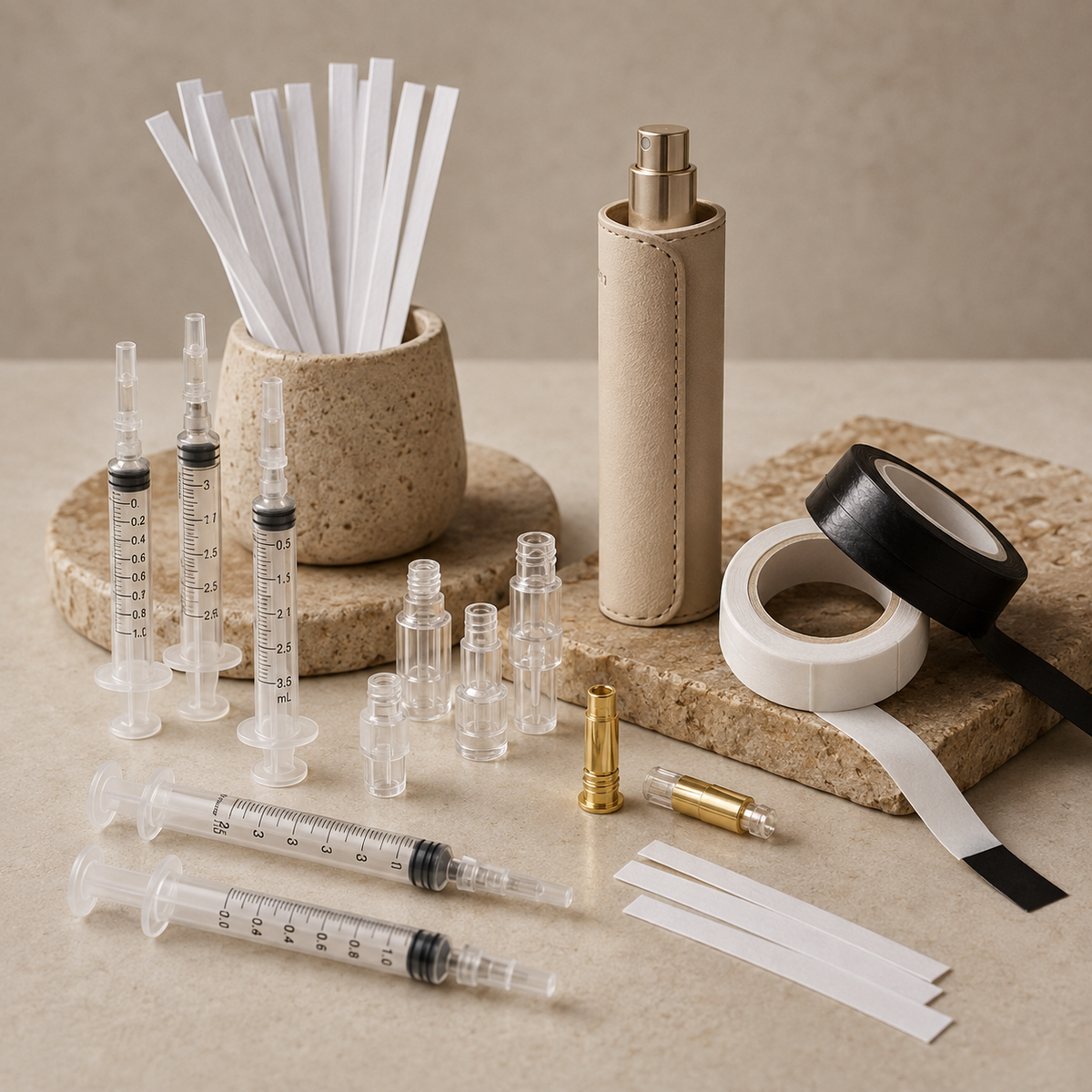 Decanting supplies with syringes, adapters, atomizer parts, sealing tape, and perfume tester strips