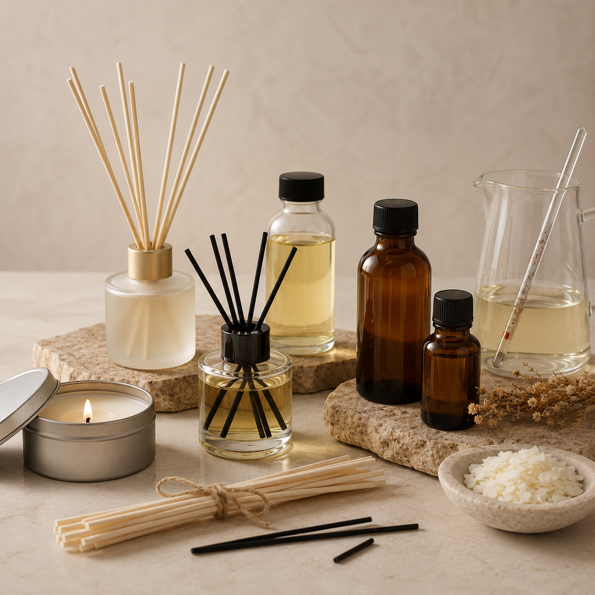 Home fragrance supplies with reed diffusers, candle tin, fragrance oils, reeds, beaker, and wax