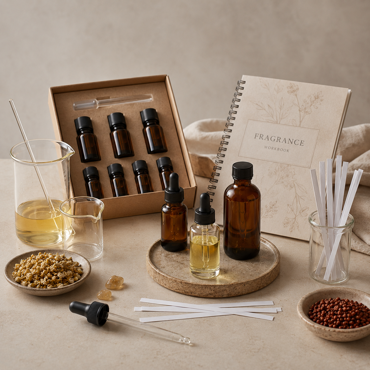 Kits and education supplies with fragrance workbook, amber bottles, mixing glassware, droppers, and blotter strips