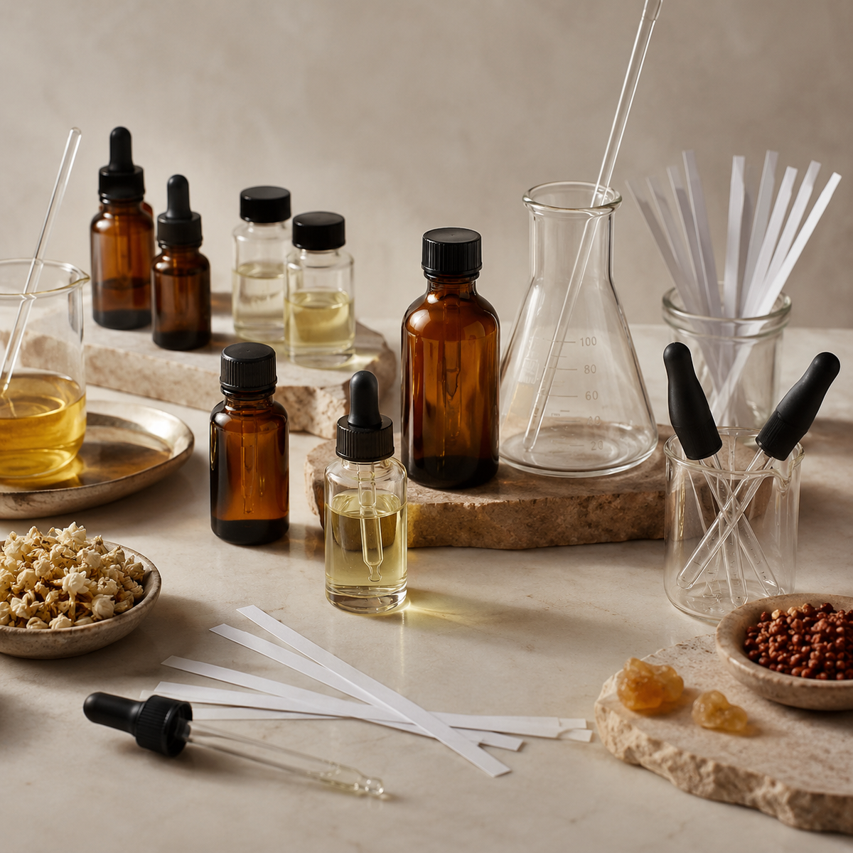 Perfumery supplies with fragrance oils, amber bottles, glassware, droppers, and blotter strips