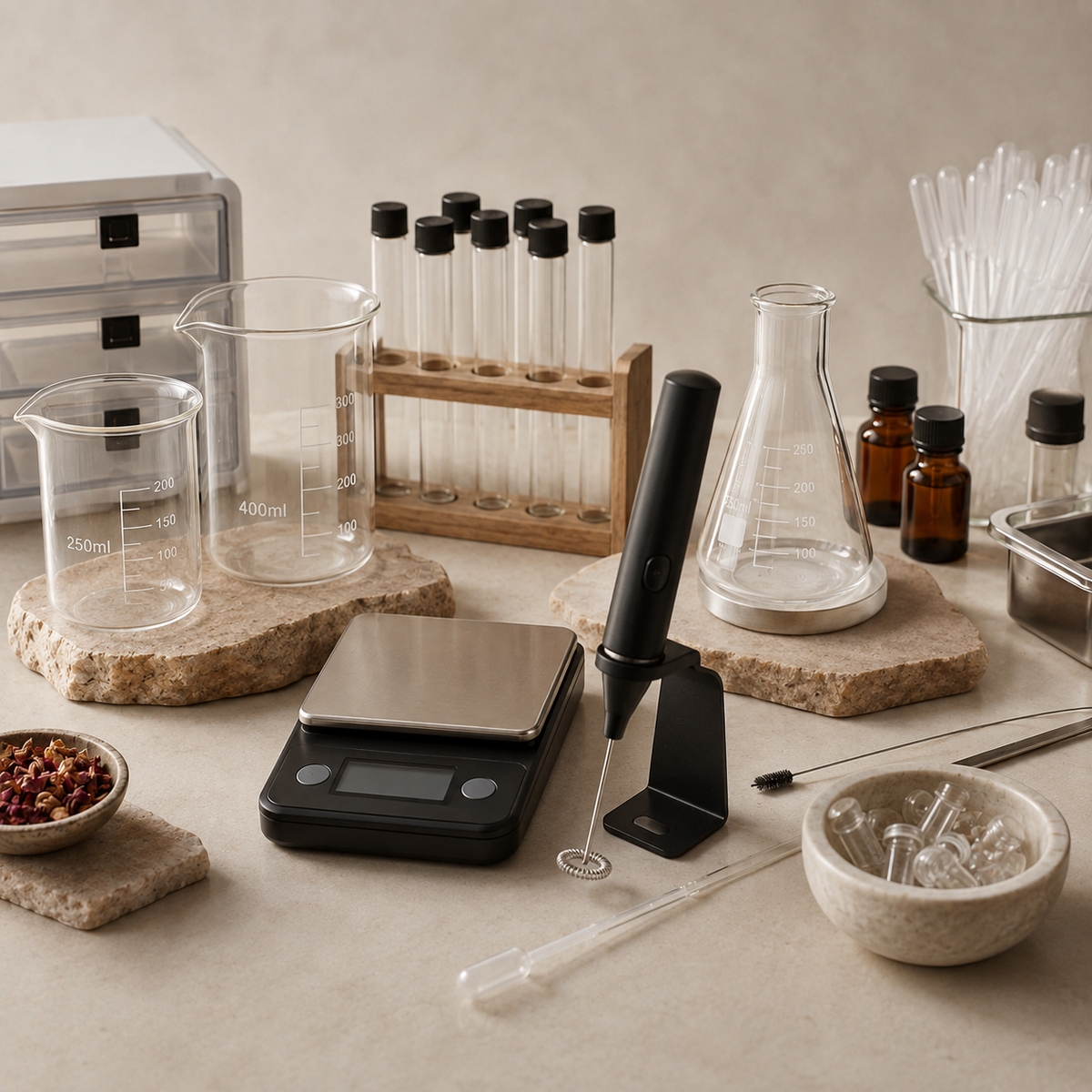 Tools and lab supplies with digital scale, glass beakers, flask, test tubes, pipettes, and amber bottles