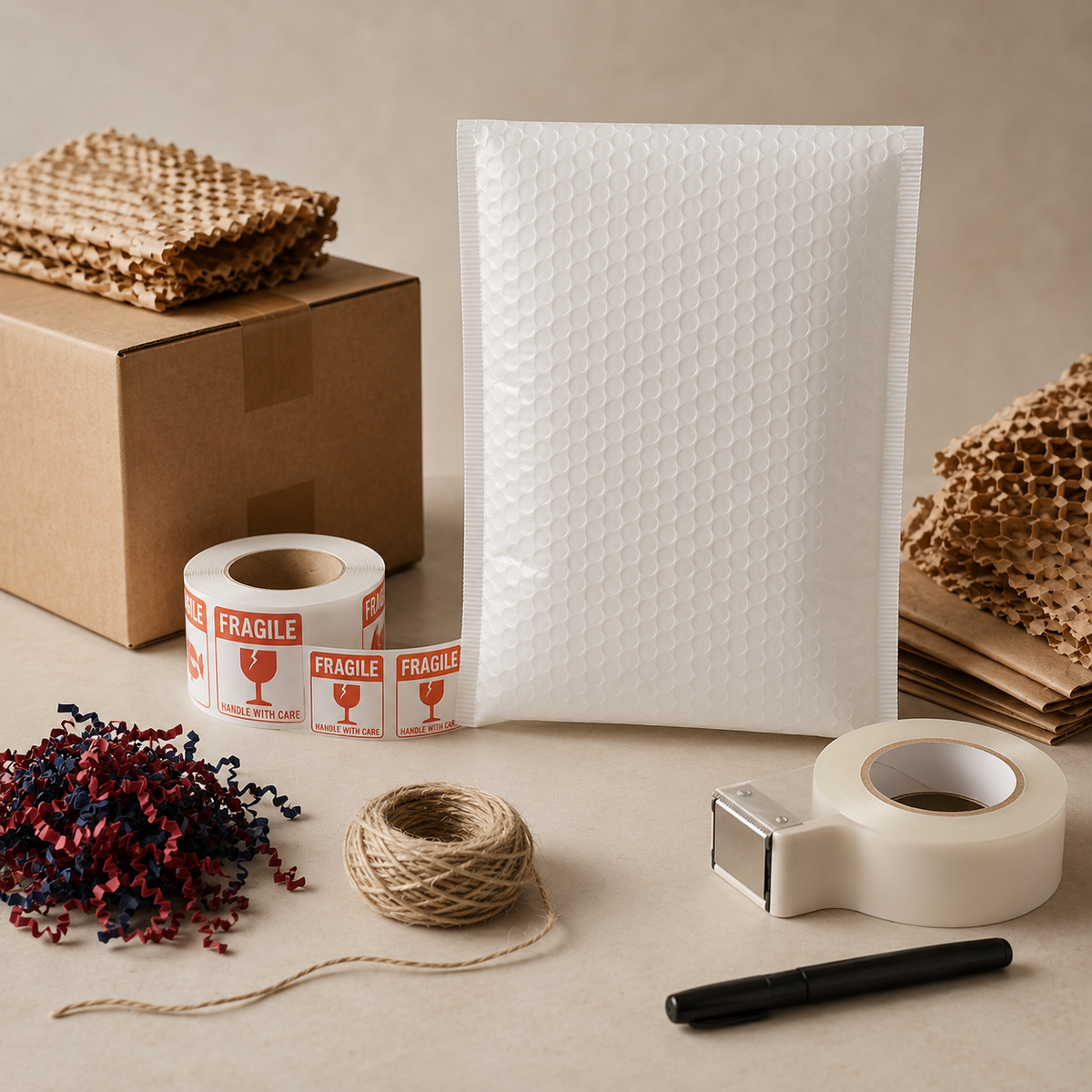 Packaging and shipping supplies with bubble mailer, kraft box, fragile labels, tape, twine, filler, and packing paper