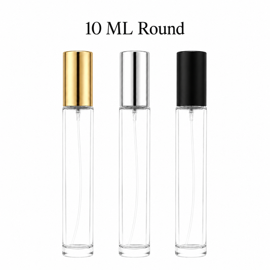 10 ML round glass perfume spray bottle with silver, black, and gold cap options