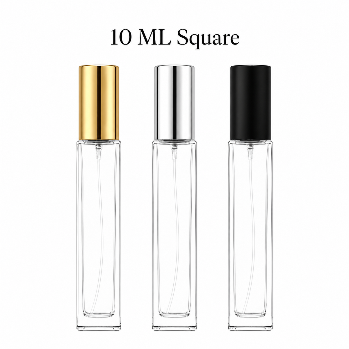 10 ML square glass perfume spray bottle with silver, black, and gold cap options