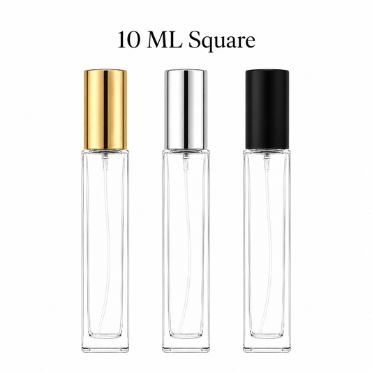 10 ML square glass perfume spray bottle with silver, black, and gold cap options