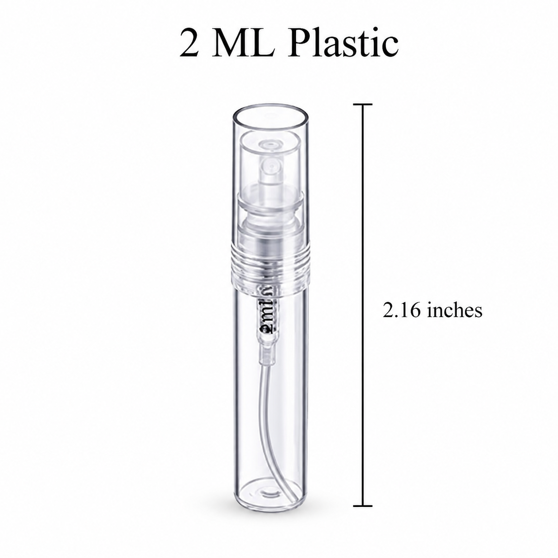 2 ML clear plastic perfume spray bottle with press-on snap-cap top