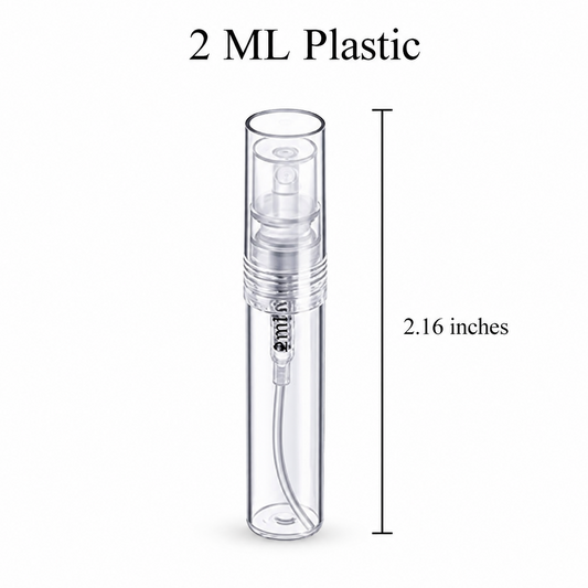 2 ML clear plastic perfume spray bottle with press-on snap-cap top