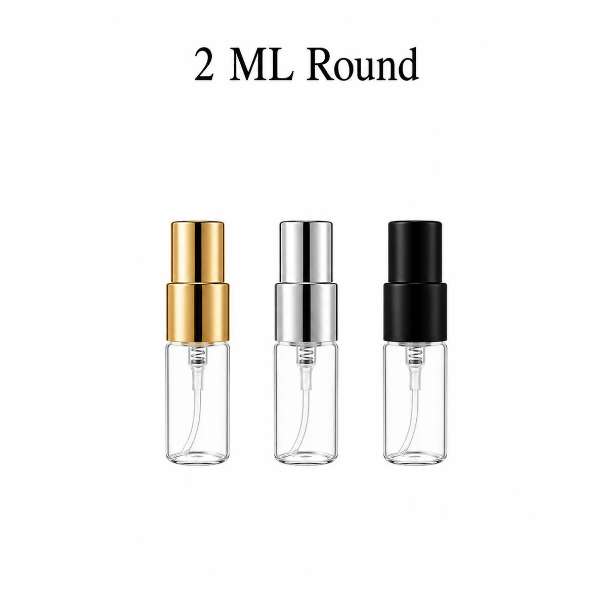 2 ML round glass perfume spray bottle with silver, black, and gold cap options