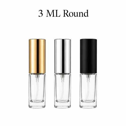 3 ML round glass perfume spray bottle with silver, black, and gold cap options