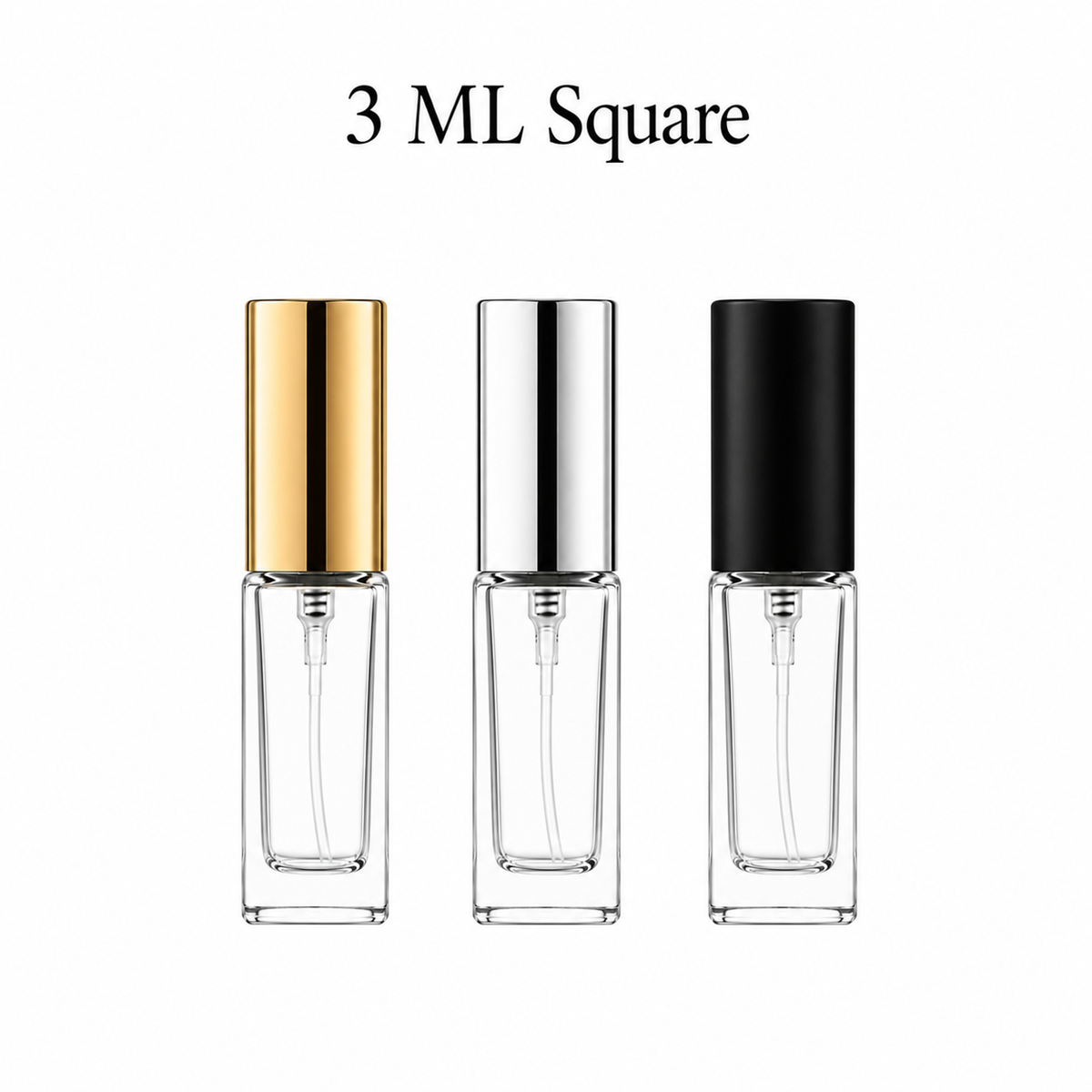 3 ML square glass perfume spray bottle with silver, black, and gold cap options
