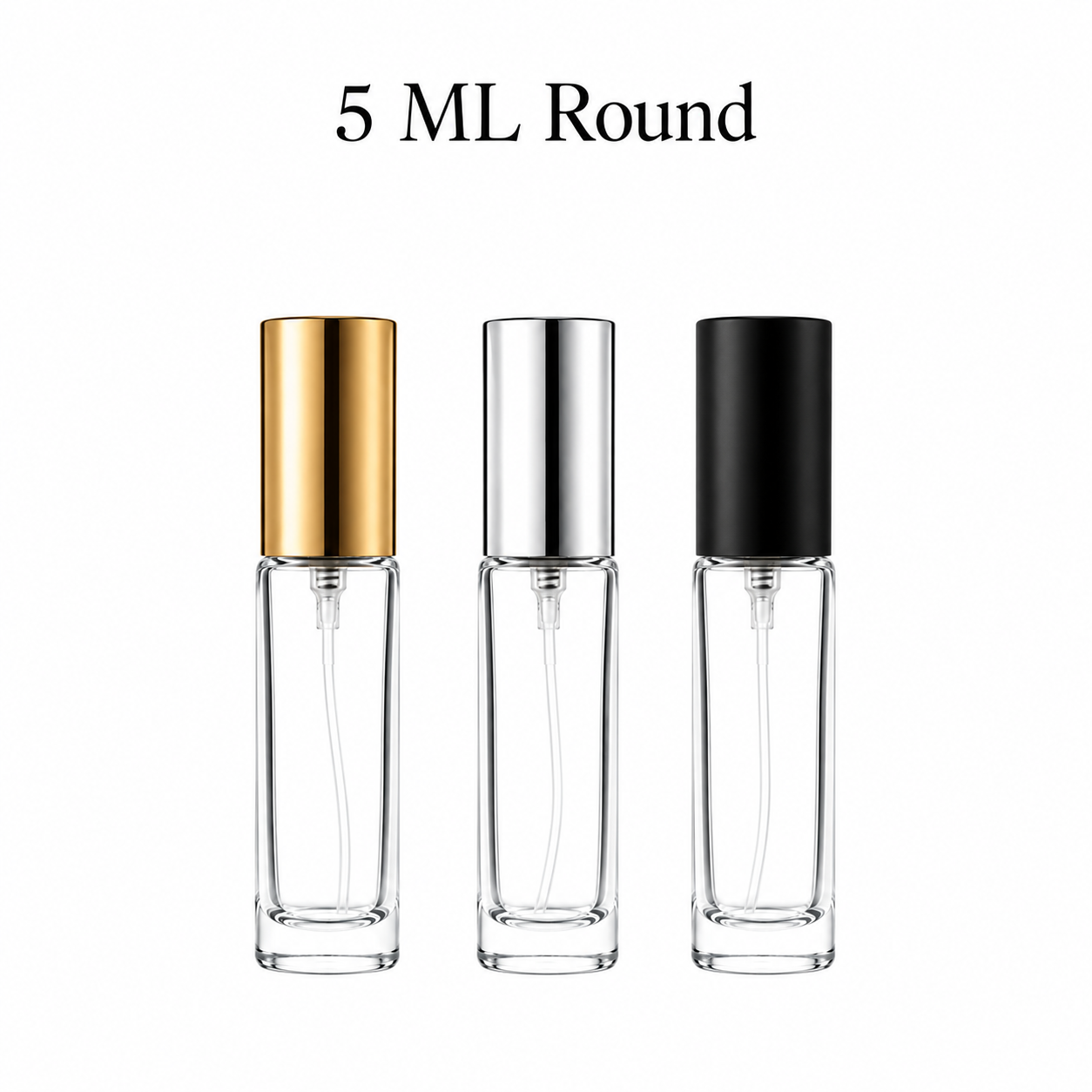 5 ML round glass perfume spray bottle with silver, black, and gold cap options