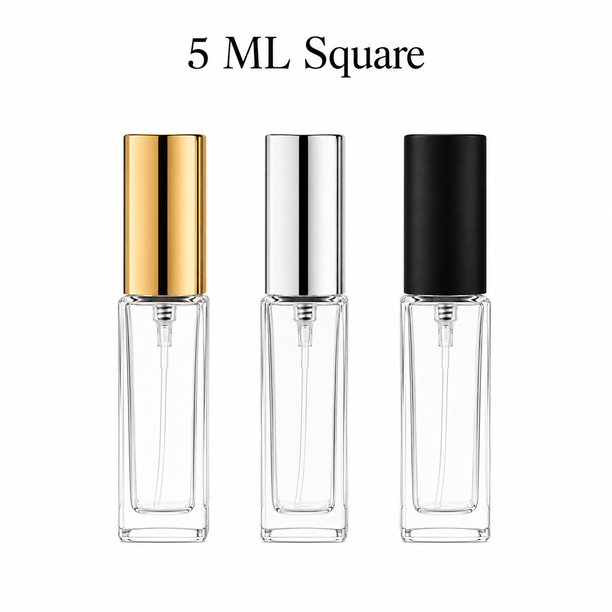 5 ML square glass perfume spray bottle with silver, black, and gold cap options