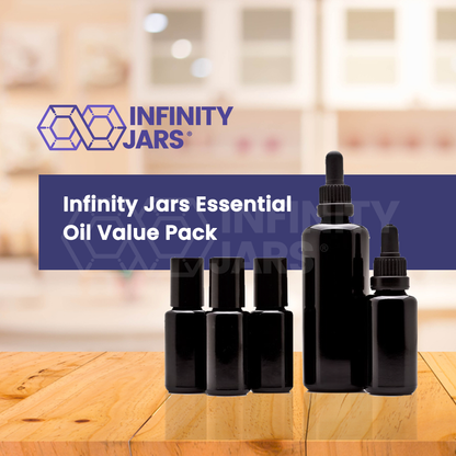 Infinity Jars Essential Oil Value Pack: 100 ML dropper, 30 ML dropper, 3x15 ml steel roller bottles