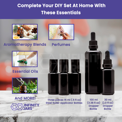 Infinity Jars Essential Oil Value Pack: 100 ML dropper, 30 ML dropper, 3x15 ml steel roller bottles