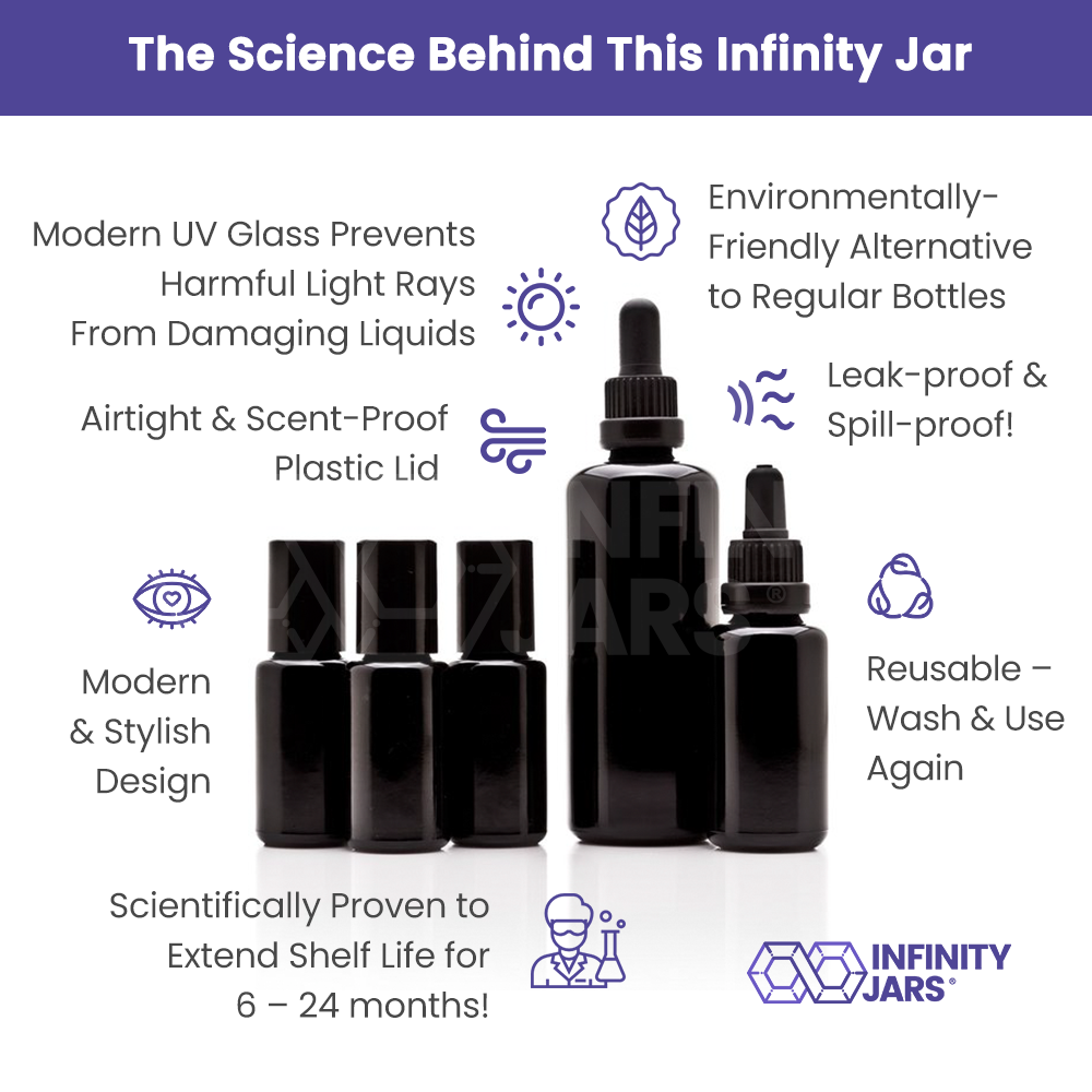 Infinity Jars Essential Oil Value Pack: 100 ML dropper, 30 ML dropper, 3x15 ml steel roller bottles