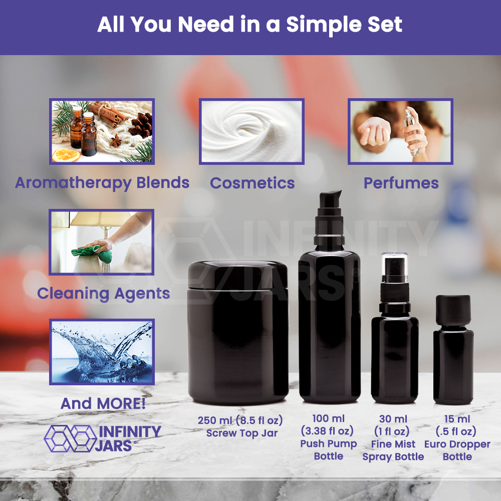 Economy Cosmetic DIY Variety Pack: 250 ML Screw Top Jar, 100 ML Push Pump Bottle, 30 ML Fine Mist Bottle and 15 ML Euro Dropper