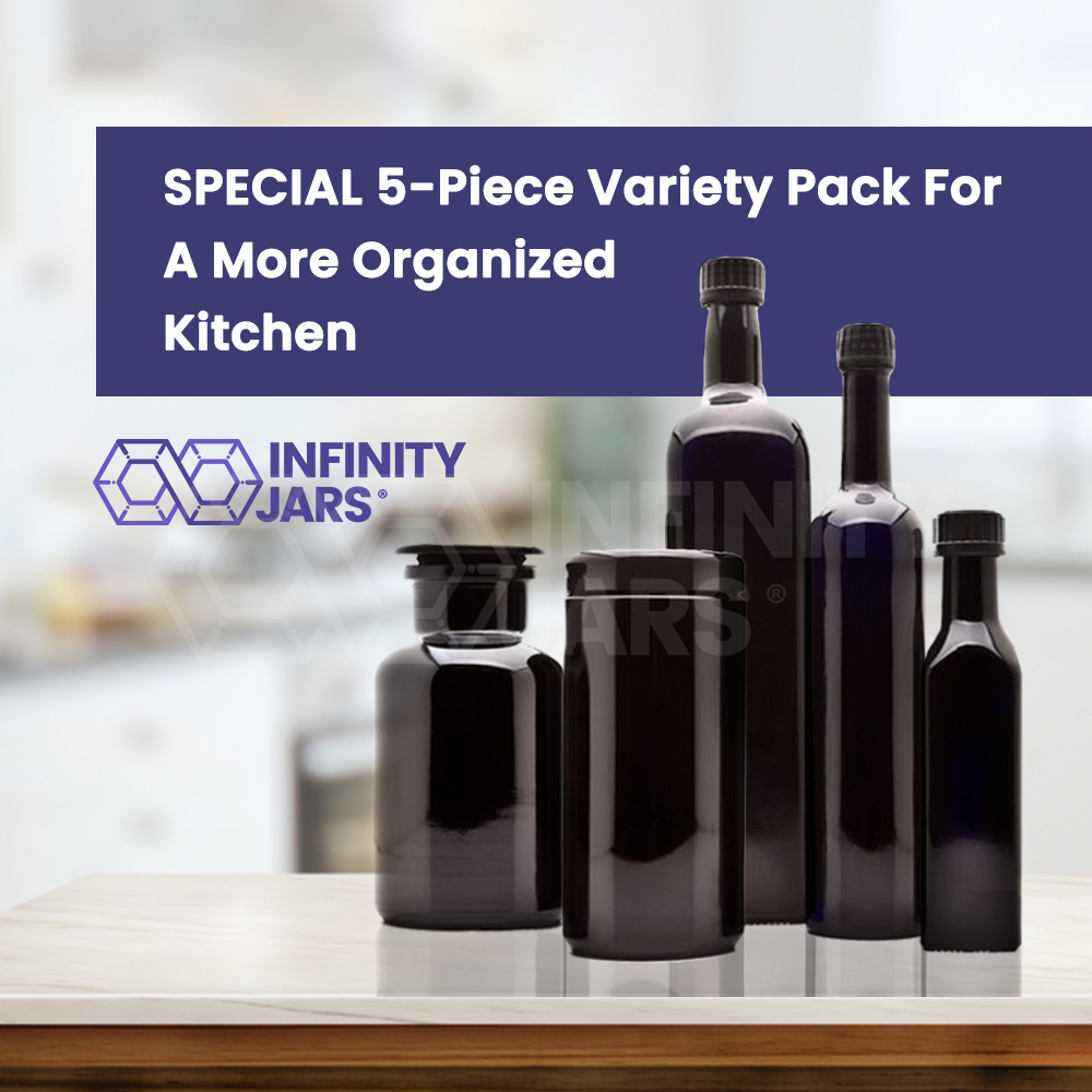 Kitchen Glass Jars Set: 250 ML, 1 L Oil Bottles, 500 ML Long Neck Bottle, 1 L Screw Top, 1 L Apothecary