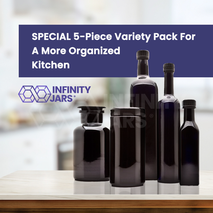 Kitchen Glass Jars Set: 250 ML, 1 L Oil Bottles, 500 ML Long Neck Bottle, 1 L Screw Top, 1 L Apothecary