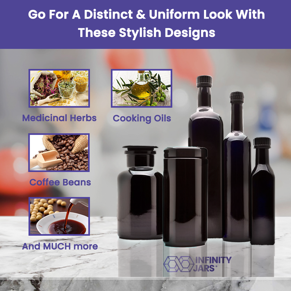 Kitchen Glass Jars Set: 250 ML, 1 L Oil Bottles, 500 ML Long Neck Bottle, 1 L Screw Top, 1 L Apothecary