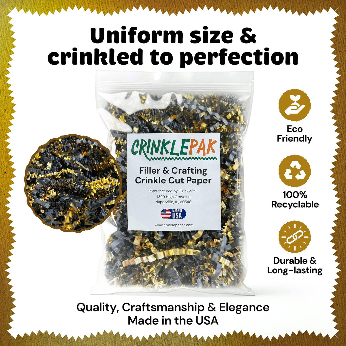 Black and gold metallic crinkle paper filler detail