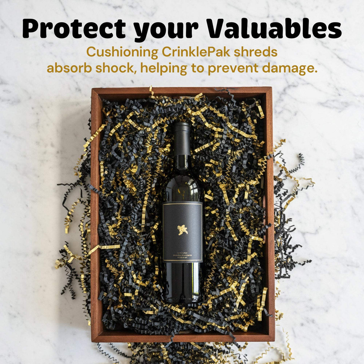 Black and gold metallic crinkle paper packaging reference