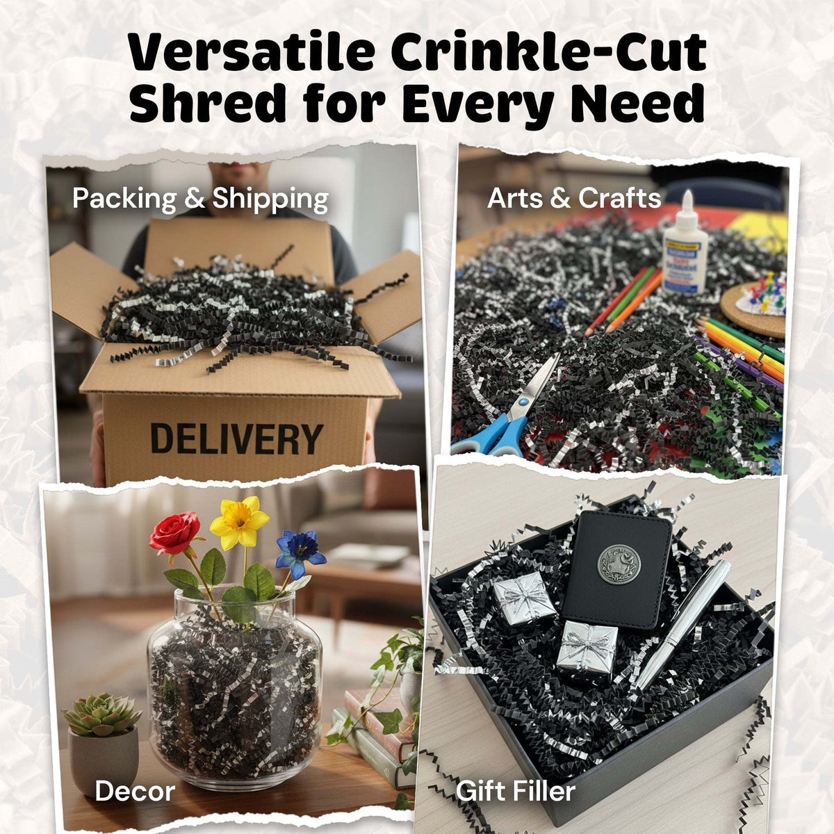 Black and silver metallic crinkle paper packaging presentation