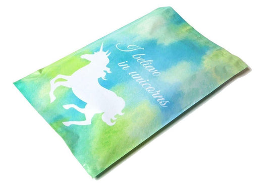 Blue unicorn tie-dye 10 by 13 inch poly mailers