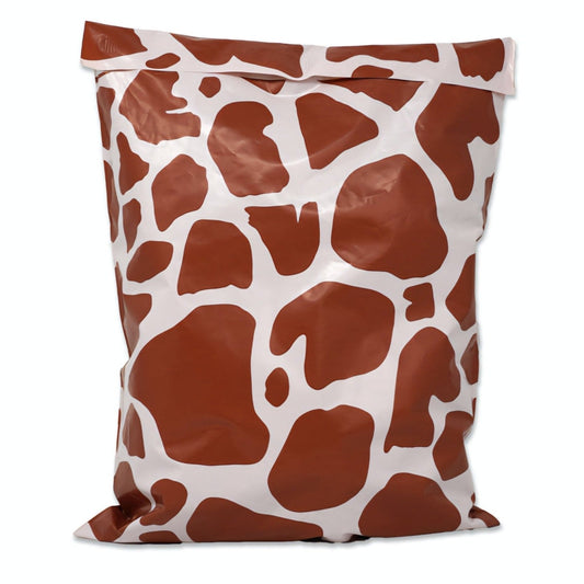 Brown cow-print 10 by 13 inch poly mailers