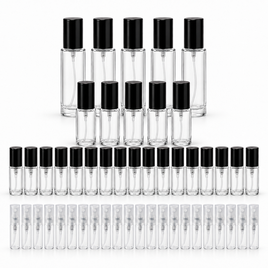 Round perfume decant bottle bundle with black caps and clear 2 ML plastic spray bottles