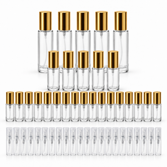 Round perfume decant bottle bundle with gold caps and clear 2 ML plastic spray bottles