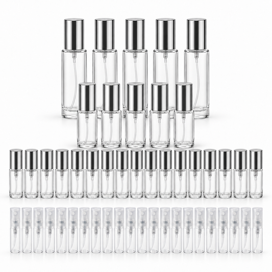 Round perfume decant bottle bundle with silver caps and clear 2 ML plastic spray bottles
