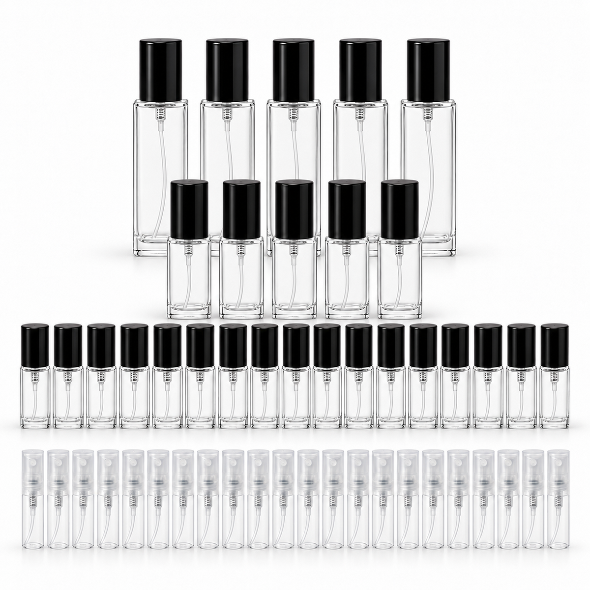 Square perfume decant bottle bundle with black caps and clear 2 ML plastic spray bottles