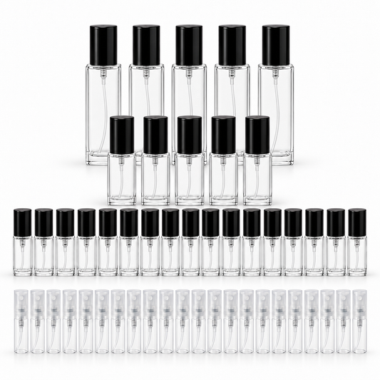 Square perfume decant bottle bundle with black caps and clear 2 ML plastic spray bottles
