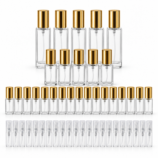 Square perfume decant bottle bundle with gold caps and clear 2 ML plastic spray bottles
