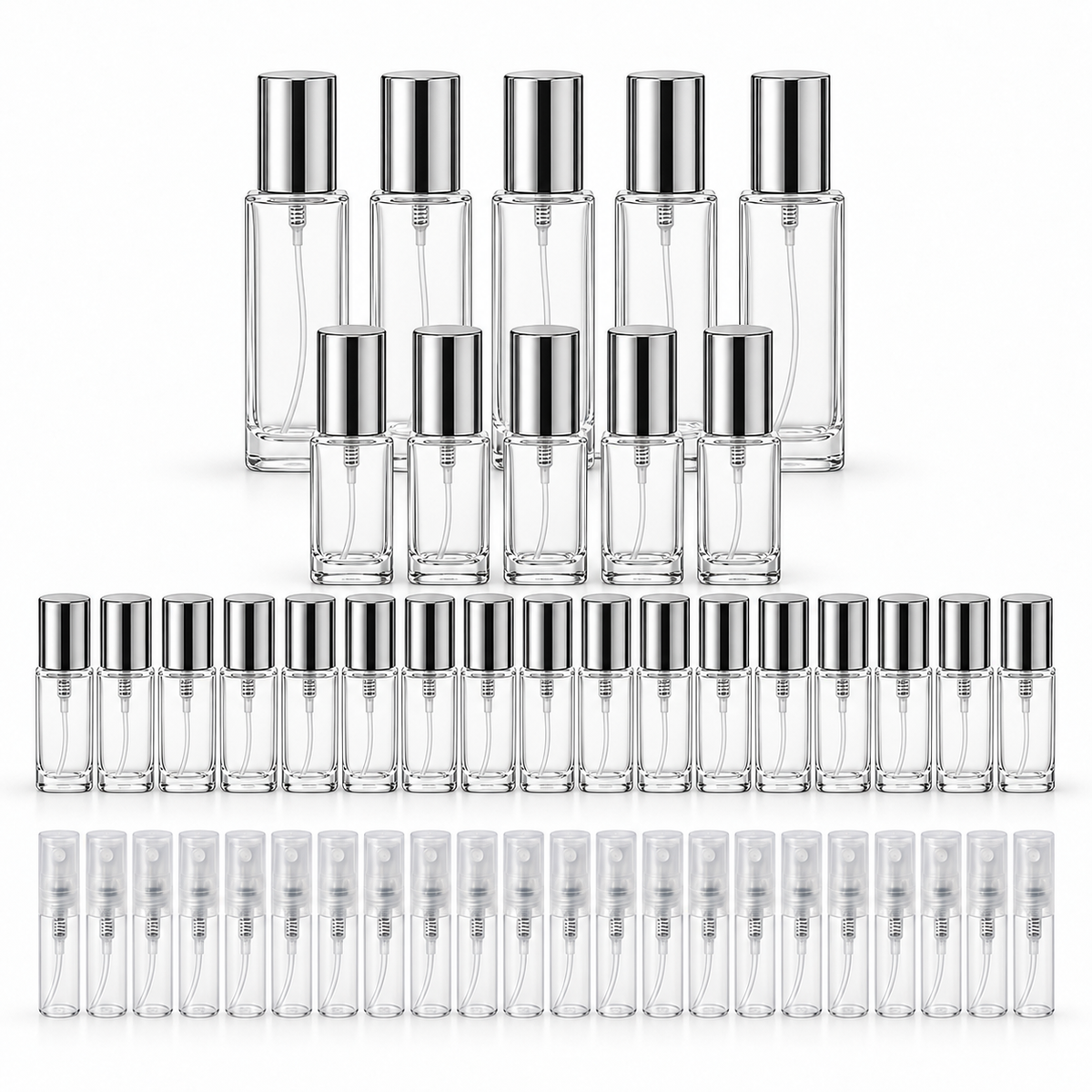 Square perfume decant bottle bundle with silver caps and clear 2 ML plastic spray bottles