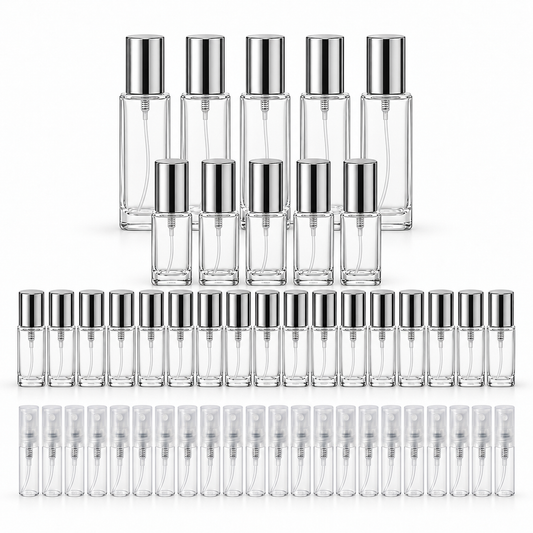 Square perfume decant bottle bundle with silver caps and clear 2 ML plastic spray bottles