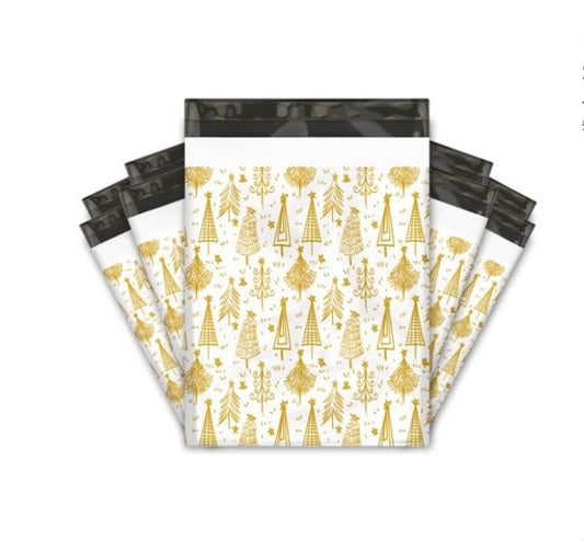 Gold and white Christmas tree 10 by 13 inch poly mailers