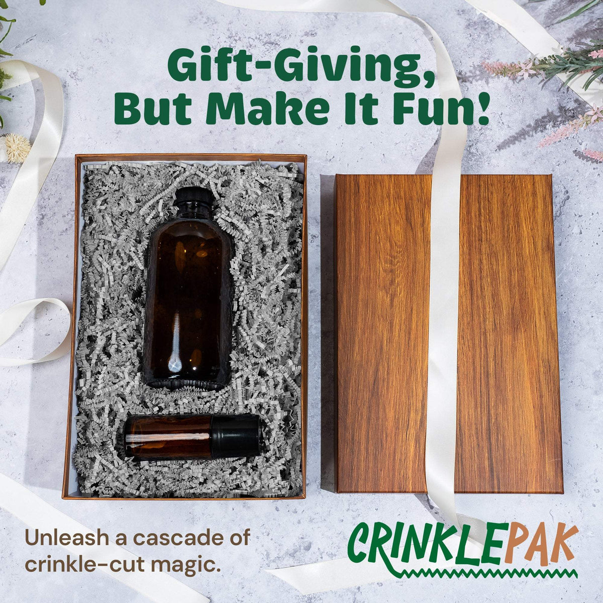 Gray crinkle paper gift packaging example