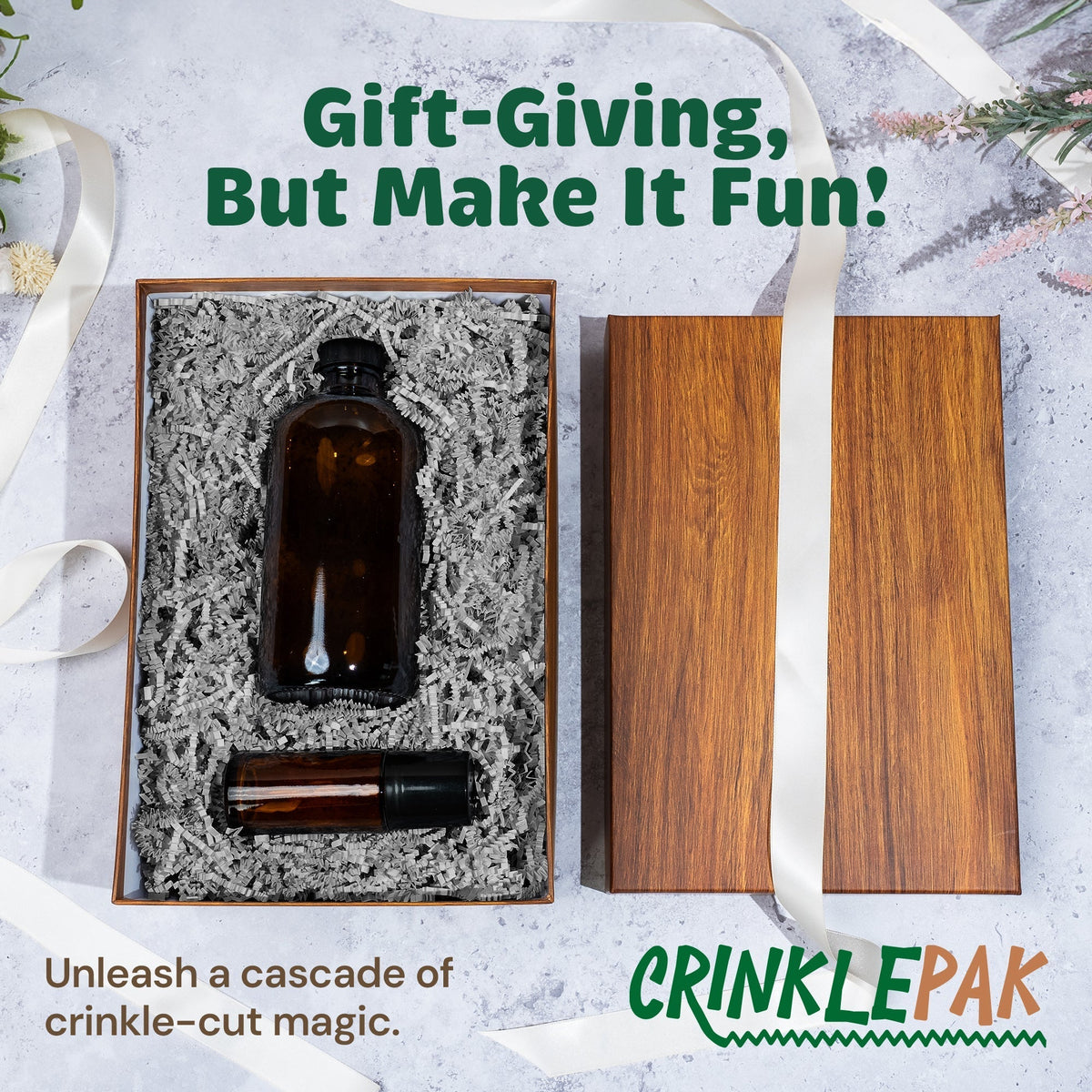 Gray crinkle paper gift packaging example