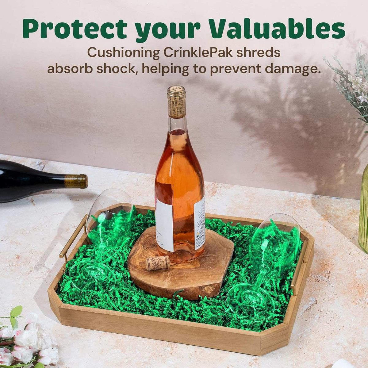 Green crinkle paper packaging presentation