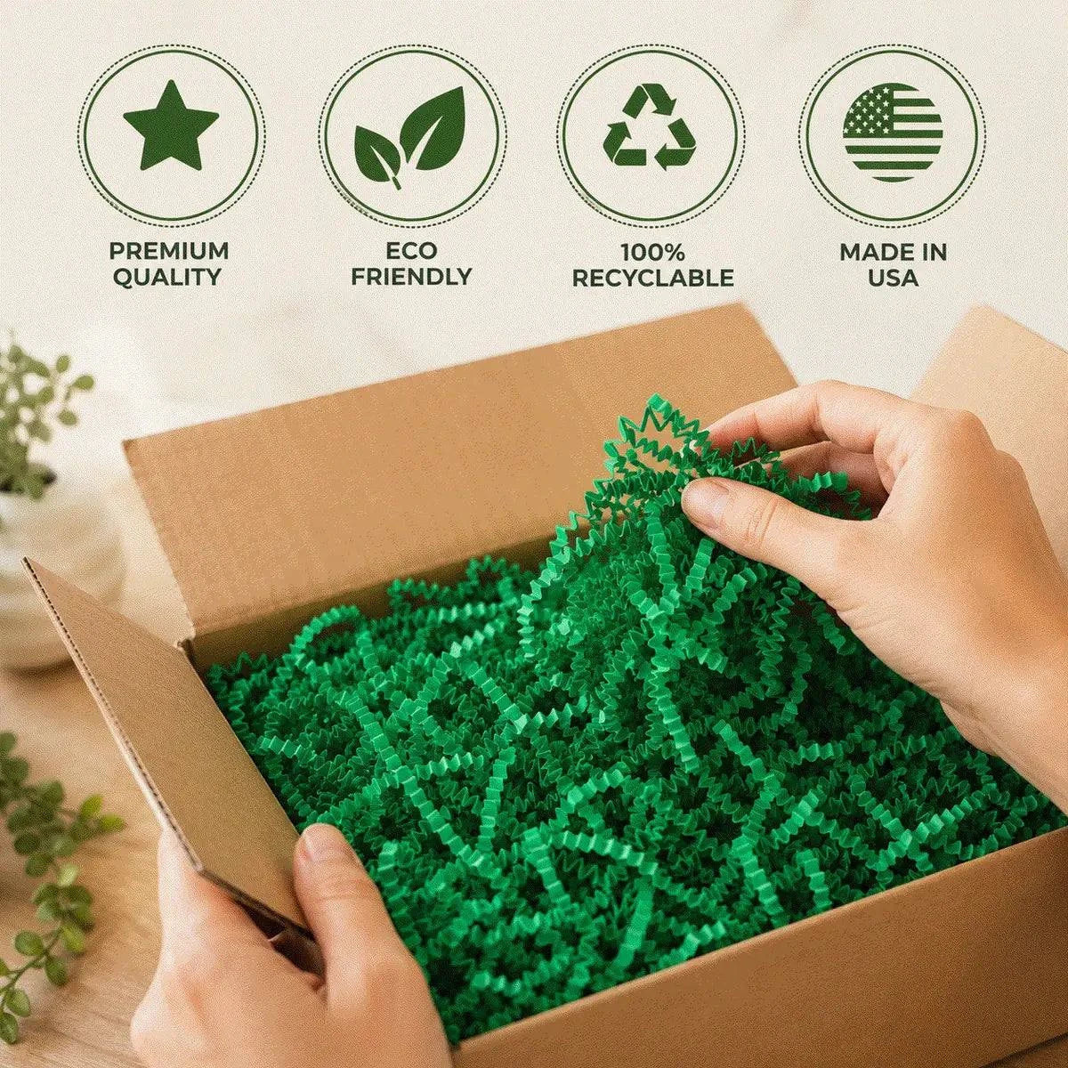 Green crinkle paper packaging detail