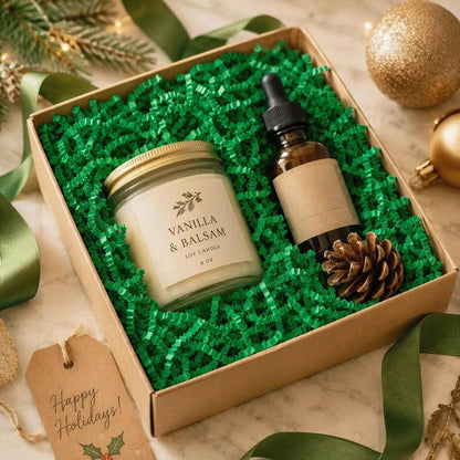 Green crinkle paper gift packaging example